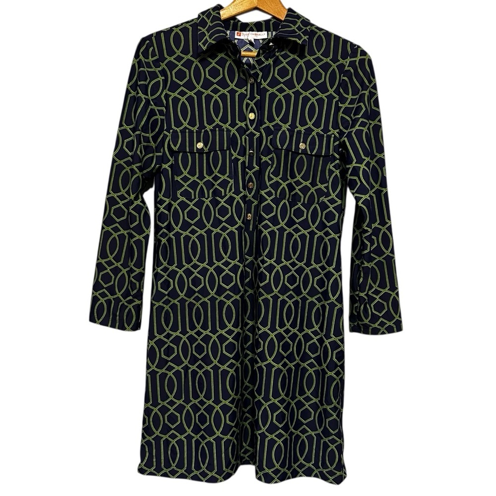 Jude Connally Blue Green Geometric Print Shirt Dress Chain Link Pattern Medium